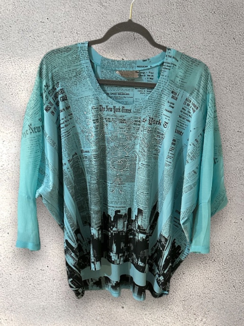 Cover Charge blue New York Times print bat wing top size medium USA